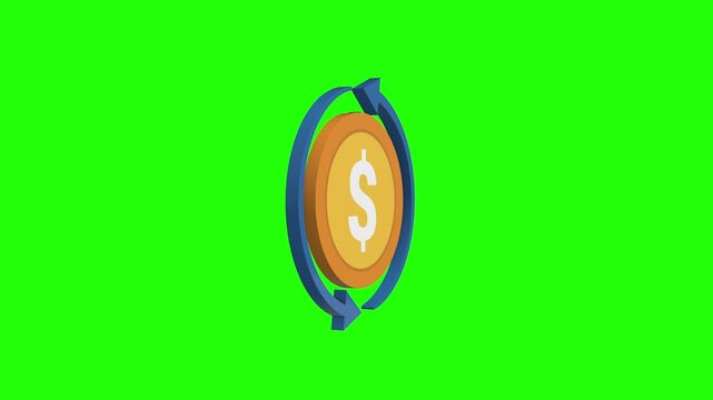 3d rotating Dollar icon with two arrows animation on green screen background. Money animation. 
