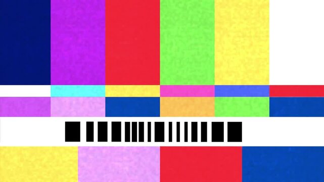 Nostalgic television broadcast test pattern featuring vibrant color bars and a modern barcode element.