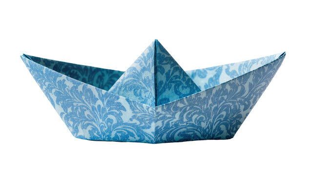 Blue damask patterned origami paper boat, isolated on transparent background