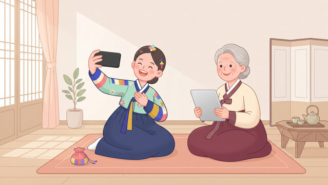 korean grandmother and granddaughter taking a selfie with tablet and smartphone in hanbok