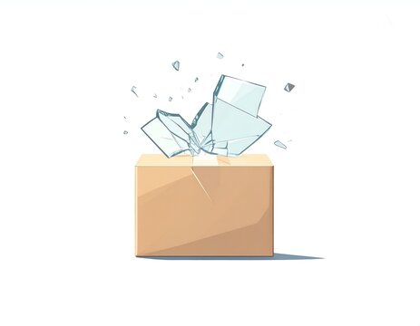 Cardboard box with shattered glass emerging from inside isolated on white