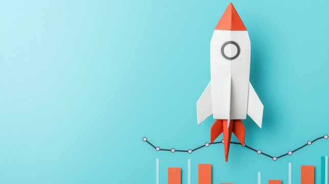 Entrepreneurship startup, A paper rocket symbolizes growth and progress, soaring above a rising business graph on a blue background.