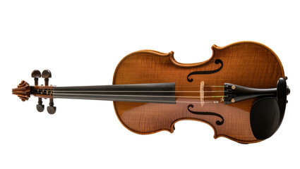 Fototapeta premium Ornate wooden violin with four strings and tuning pegs, isolated on transparent background