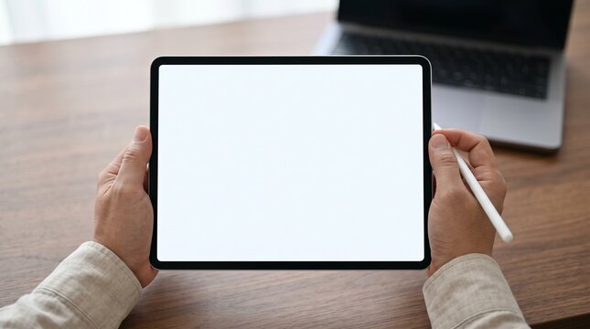 Hands holding modern tablet with blank white mockup screen and stylus pen over wooden desk background for digital design display and ui presentation.