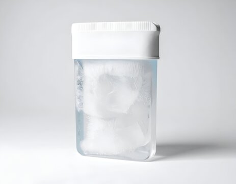 Clear plastic container filled with ice cubes on a solid light gray background