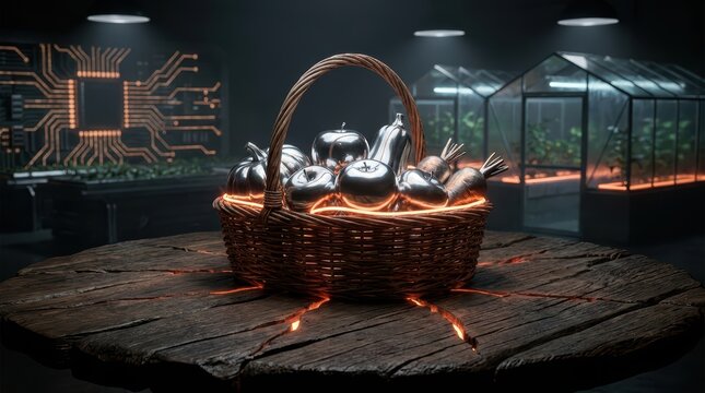 Wicker basket of chrome fruit in a futuristic greenhouse