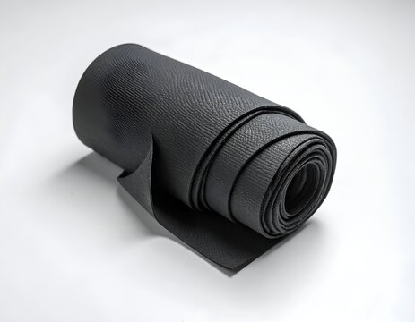 A Roll of Textured Black Faux Leather Fabric Isolated on a White Background