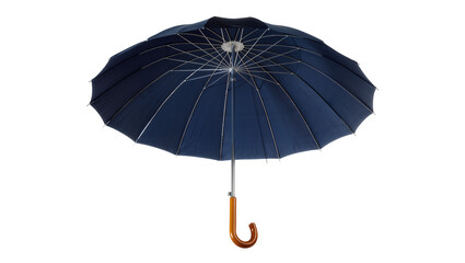 Open navy blue umbrella with wooden handle, isolated on transparent background © Corotaev