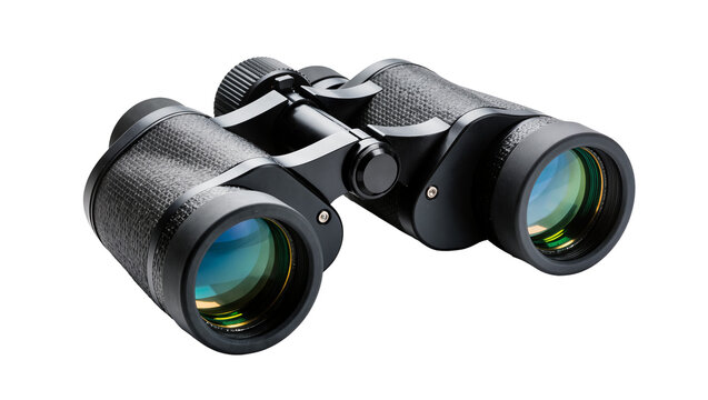 Black textured binoculars with focus wheel, isolated on transparent background