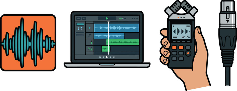Audio Recording and Podcasting Equipment Icon Set Featuring Sound Waveform App Laptop DAW Software Field Voice Recorder and XLR Cable Connector Vector Elements