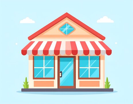 Flat vector illustration of a small boutique store with red striped awning