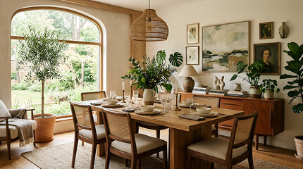 Fototapeta premium Modern rustic dining room with wooden table and chairs.