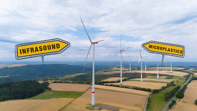Wind turbine park, infrasound and microplastic, agriculture field with windmills, damage caused by renewable sustainable energy, environment conversation