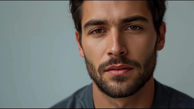 Young bearded man portrait close up neutral expression calm handsome brown eyed portrait with soft