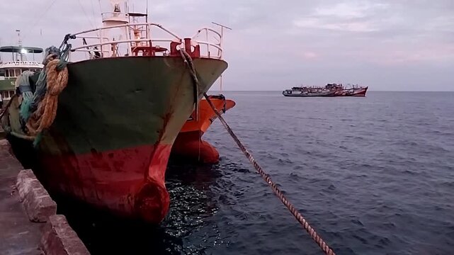 Slow Motion Footage of Fishing Boats Docked at Port Pier with Calm Sea Waves