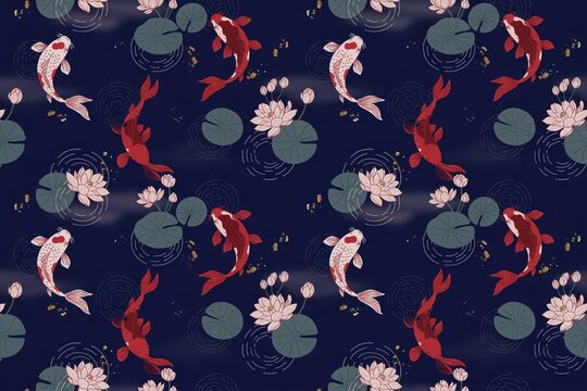 Seamless repeating pattern of red and white koi fish swimming in a pond with pink lotus flowers and green lily pads on a dark blue background