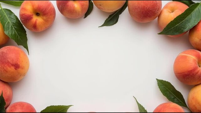 Ripe peach fruit border with green leaf frame on white background summer still life aesthetic
