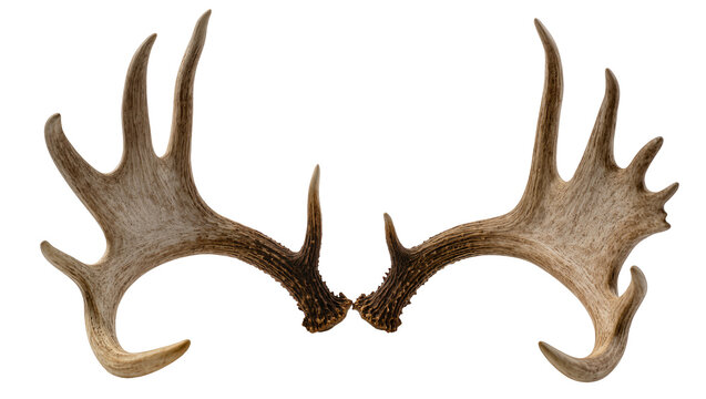 Pair of large deer antlers brown and grey, isolated on transparent background