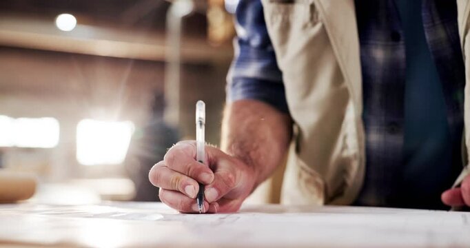 Hands, sketch and blueprint for planning design for building construction, architecture detail or idea. Process, information and floor plan with person at worksite for project management with paper