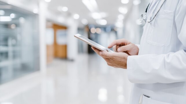 Doctor using digital tablet in hospital corridor for efficient healthcare solutions