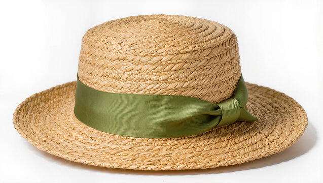 Woven straw boater hat with green satin ribbon, isolated on transparent background