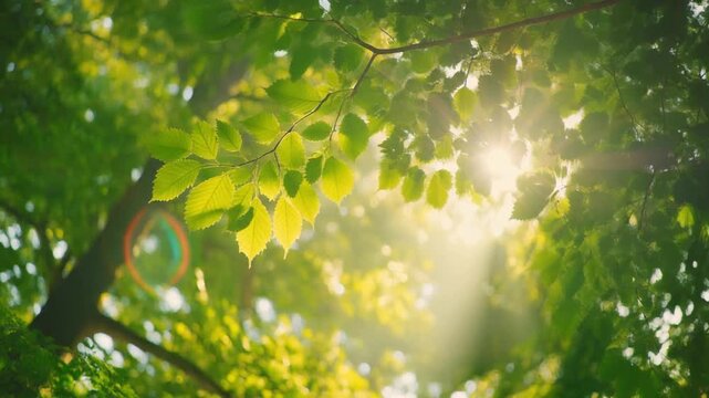 新緑の木々から差し込む太陽の光と木漏れ日