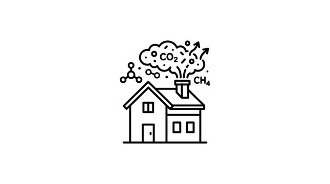 Creative Black and White Line Drawing of House Emitting CO2 and CH4 Emissions with Chemical Formulas