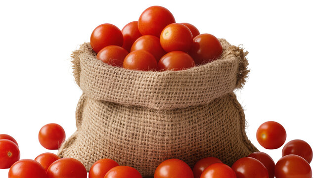 Ripe red cherry tomatoes spilling from a burlap sack, isolated on transparent background