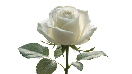 Fototapeta premium Delicate white rose with green leaves, isolated on transparent background