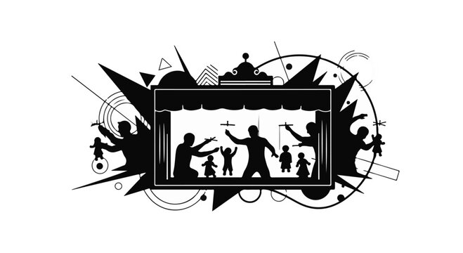 Puppet theater performance displays silhouettes of hands manipulating marionette characters on a small stage against a decorative backdrop.