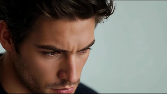 Young man portrait close up thoughtful expression with brown eyes stubble soft moody lighting