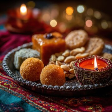 Various Indian Sweets Plate with Illuminated Oil Lamp (Diya) for Diwali Celebration Photo.