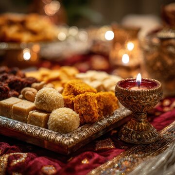 Various Indian Sweets Plate with Illuminated Oil Lamp (Diya) for Diwali Celebration Photo.
