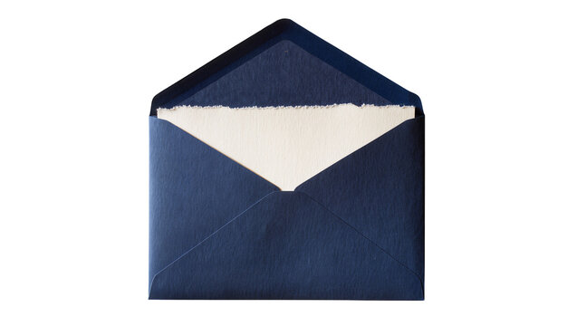 Open navy blue envelope with textured paper insert, isolated on transparent background