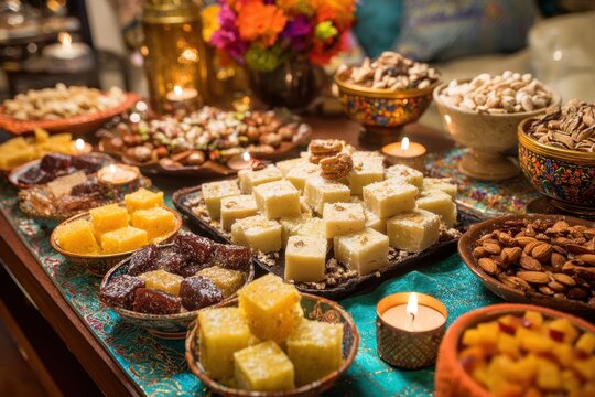 Traditional Indian Sweets and Diwali Festive Decorations on Table Photo.