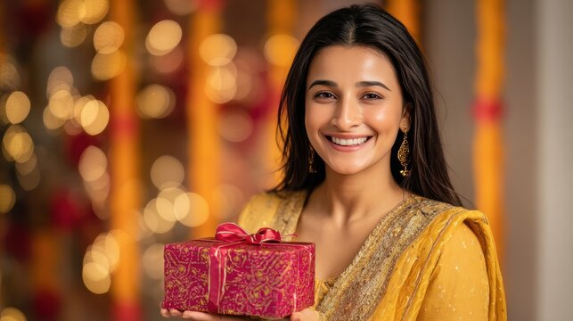 A Happy Indian Woman Holding Gift Box During Diwali Festival Celebration Photo.. Fictional Character Created By Generative AI.