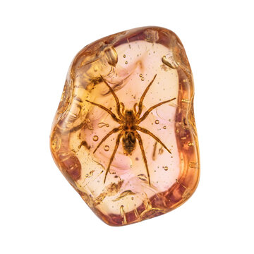 Organic freeform amber stone with trapped ancient spider, translucent golden resin element isolated on pure transparent background