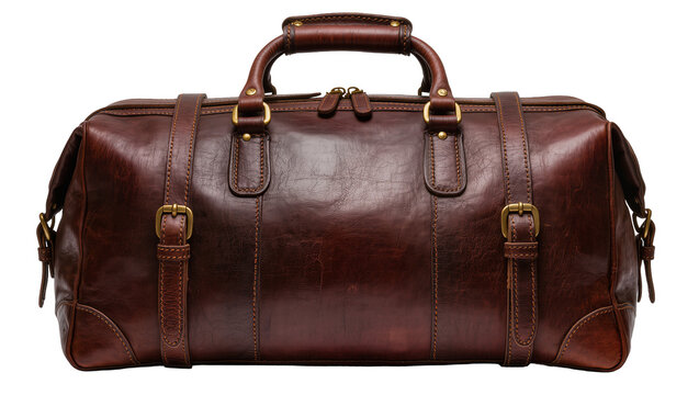 Rich brown leather duffel bag with brass buckles and handles, isolated on transparent background