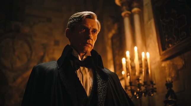 Mysterious Figure in Gothic Hall: A distinguished man with silver hair and an enigmatic gaze stands in a dimly lit, ornate hall, illuminated by the soft glow of candelabras.