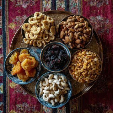 Assorted Dry Fruits and Snacks on a Traditional Tray
