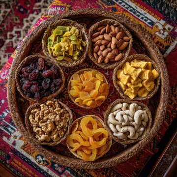 Assorted Dried Fruits And Nuts In Woven Baskets