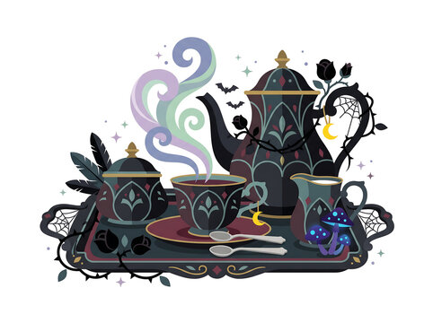 Gothic Halloween Tea Set with Mystical Steam, Black Roses and Enchanted Teapot Flat Vector Illustration
