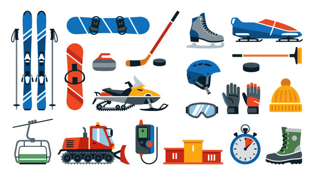 Winter Sports Equipment Flat Design Icons - Skiing, Snowboarding, Bobsled, Hockey, Snowmobile