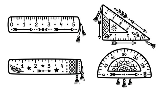 Boho Style Drawing Tools: Ruler, Triangle, Protractor with Tassels & Celestial Motifs