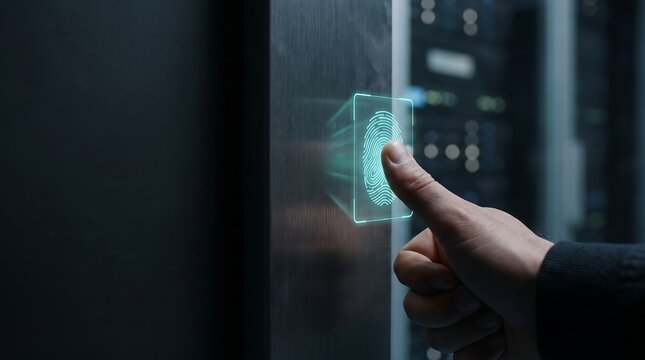 Person scanning thumb on advanced digital biometric interface for high level security access to server room data infrastructure