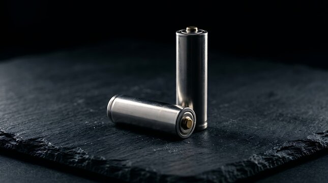 Two 2 aa batteries metallic cylinders arranged artistically on a dark textured stone background representing modern energy storage and power solutions