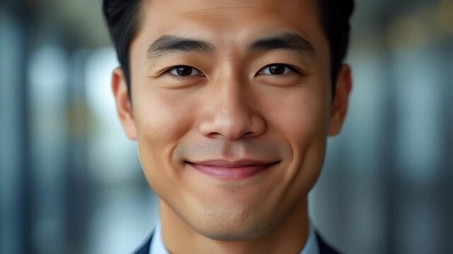 Smiling young asian man portrait close up headshot with warm confident expression and blurred