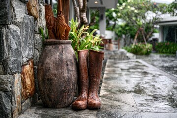 Naklejka premium A backyard corner with umbrella stand and wet garden boots, accented by stone wall, tactile foreground details.