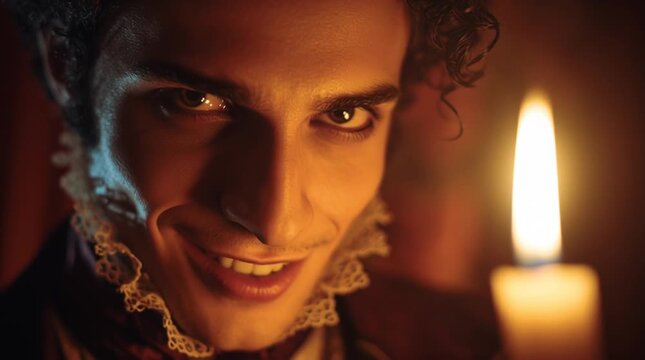 Sinister Smile by Candlelight: A dramatic close-up of a man with piercing eyes and a sly smile, illuminated by the flickering glow of a candle. His attire suggests a historical or gothic theme.