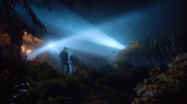 Mystery in the Fog: Two figures stand silhouetted against the bright beams of searchlights cutting through a dense, mysterious fog, hinting at an unfolding investigation or a hidden discovery.